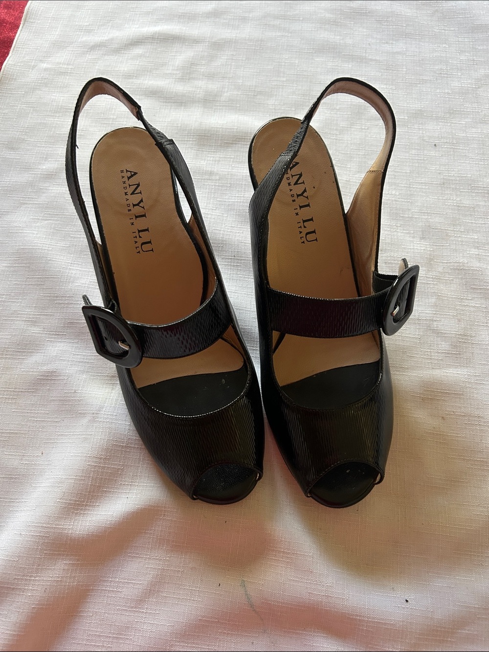 Anyi Lu Black Peep-Toe Slingback Platform Heels with Buckle